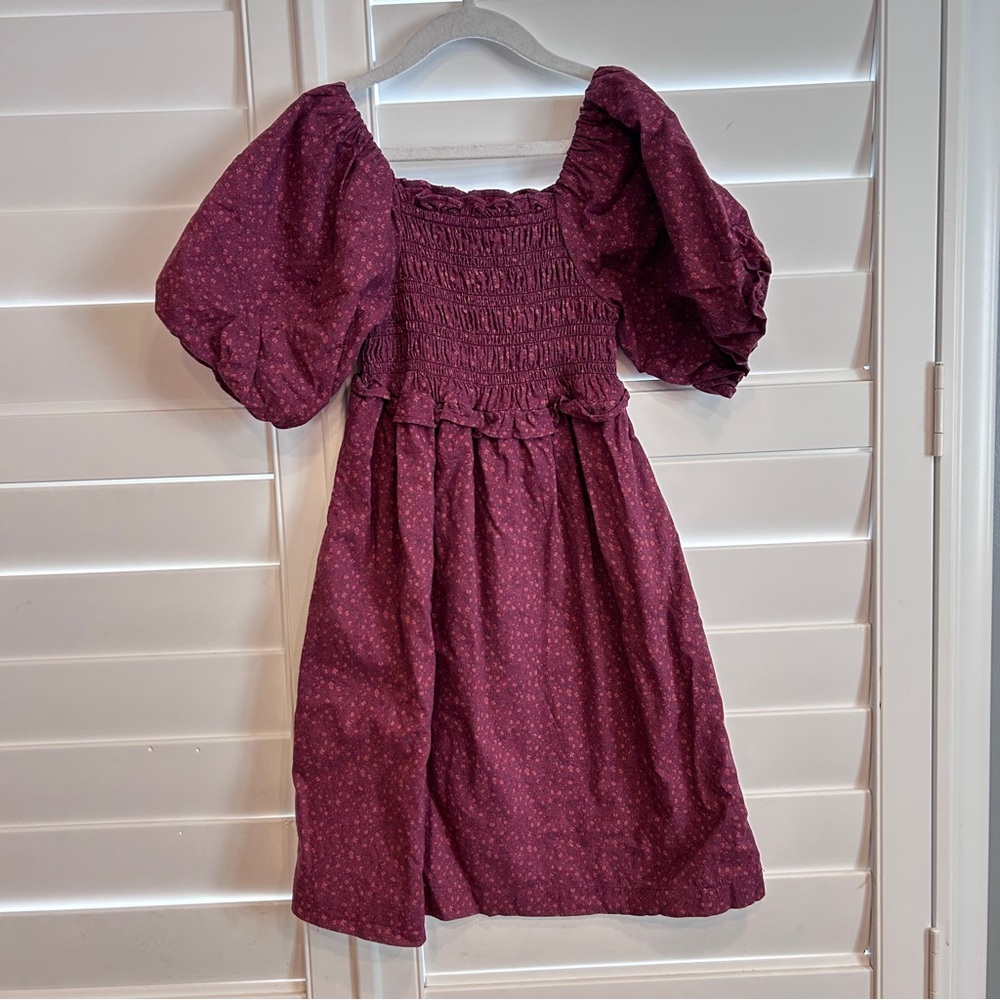 Hope & Henry Smocked Puff Sleeve Floral Print Dress Burgundy Size 7